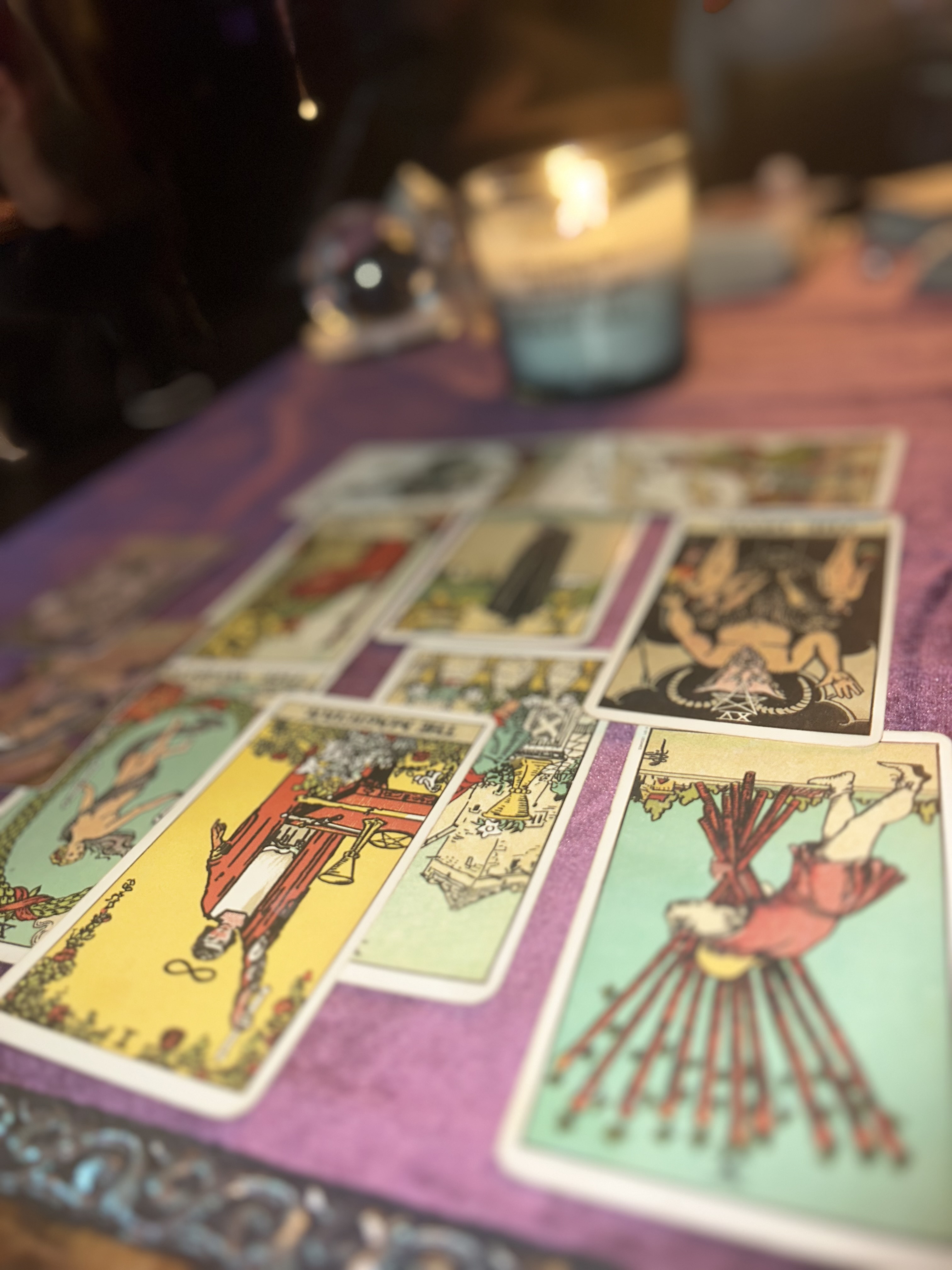 Tarot cards laid out in a spread reading
